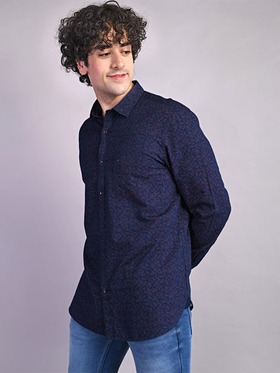 100% Cotton Navy Blue Printed Slim Fit Full Sleeve Casual Shirt