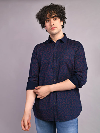 100% Cotton Navy Blue Printed Slim Fit Full Sleeve Casual Shirt