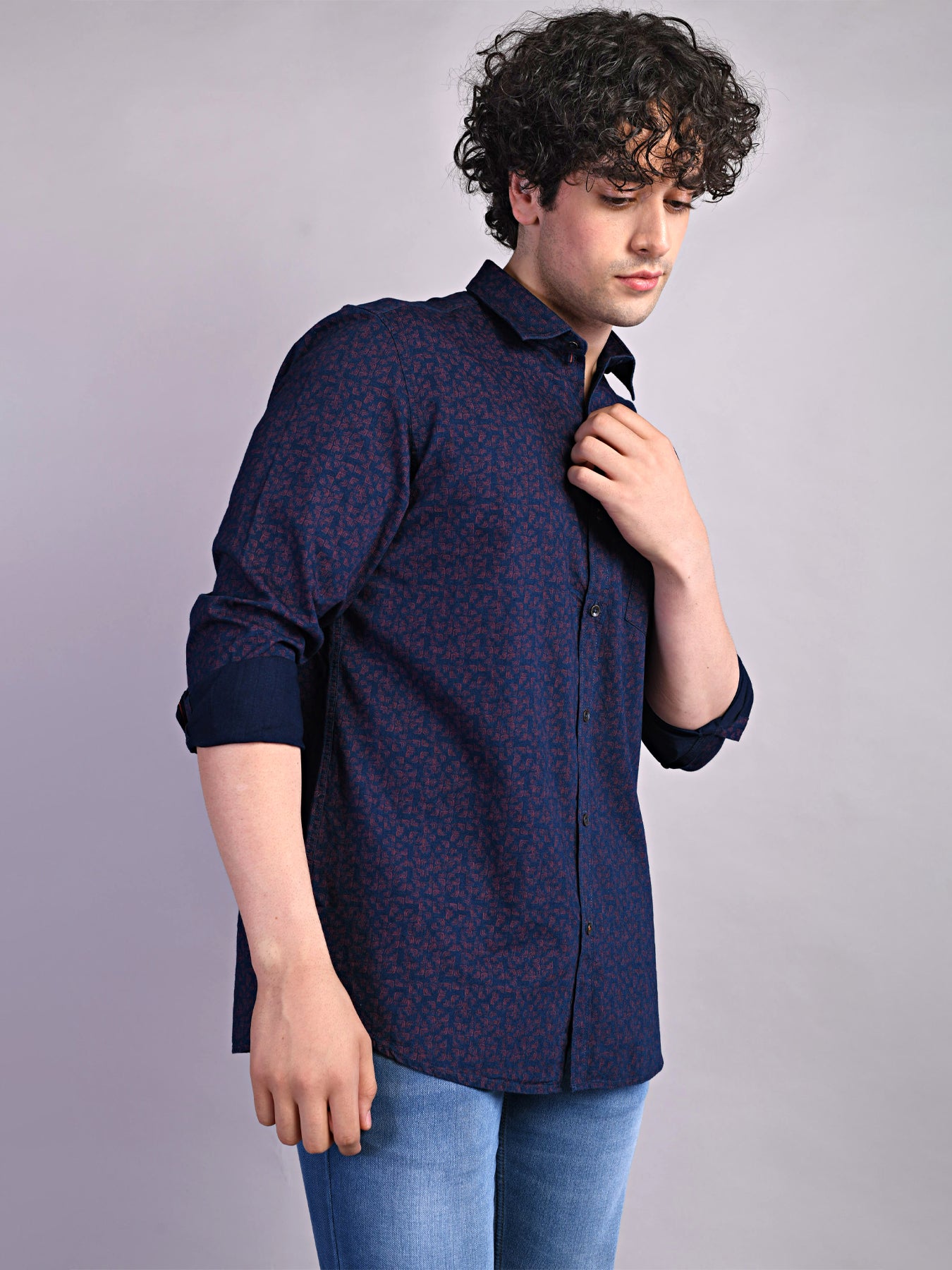 100% Cotton Navy Blue Printed Slim Fit Full Sleeve Casual Shirt