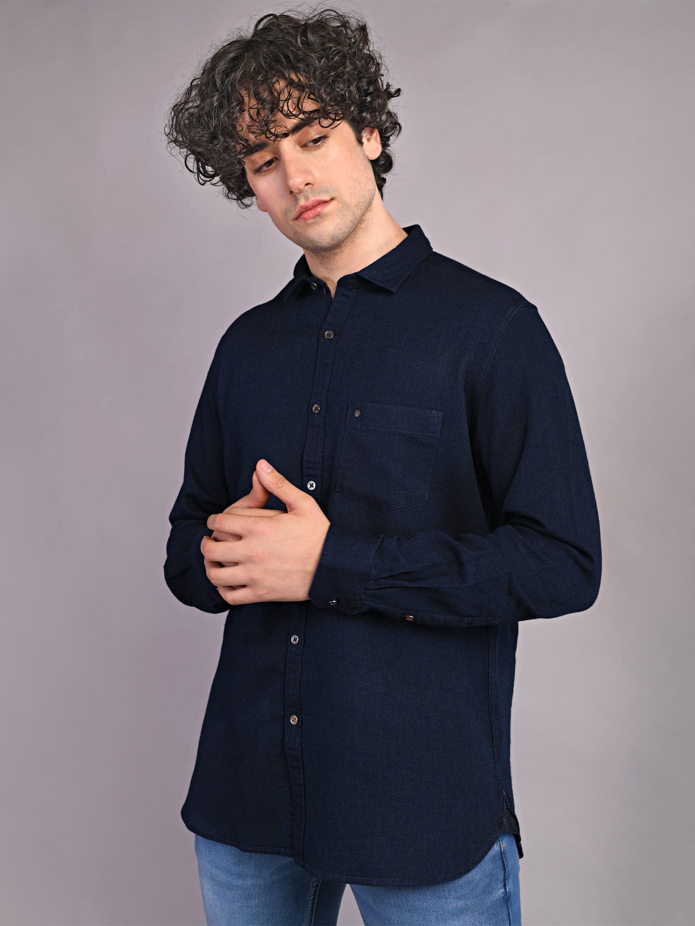 100% Cotton Indigo Indigo Dobby Slim Fit Full Sleeve Casual Shirt