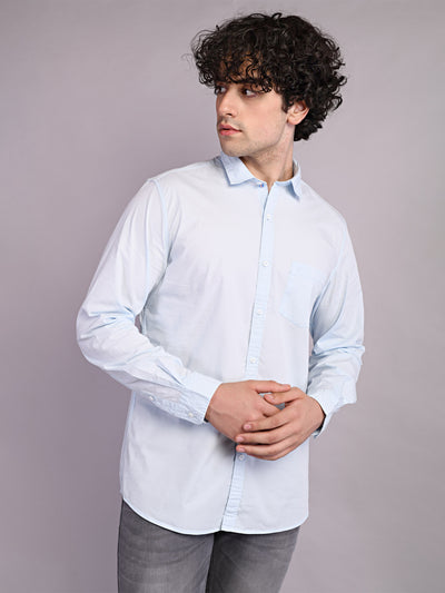 Cotton Stretch Sky Blue Plain Slim Fit Full Sleeve Casual Shirt