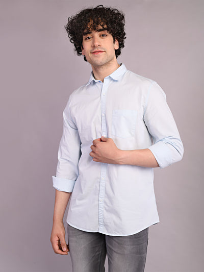 Cotton Stretch Sky Blue Plain Slim Fit Full Sleeve Casual Shirt