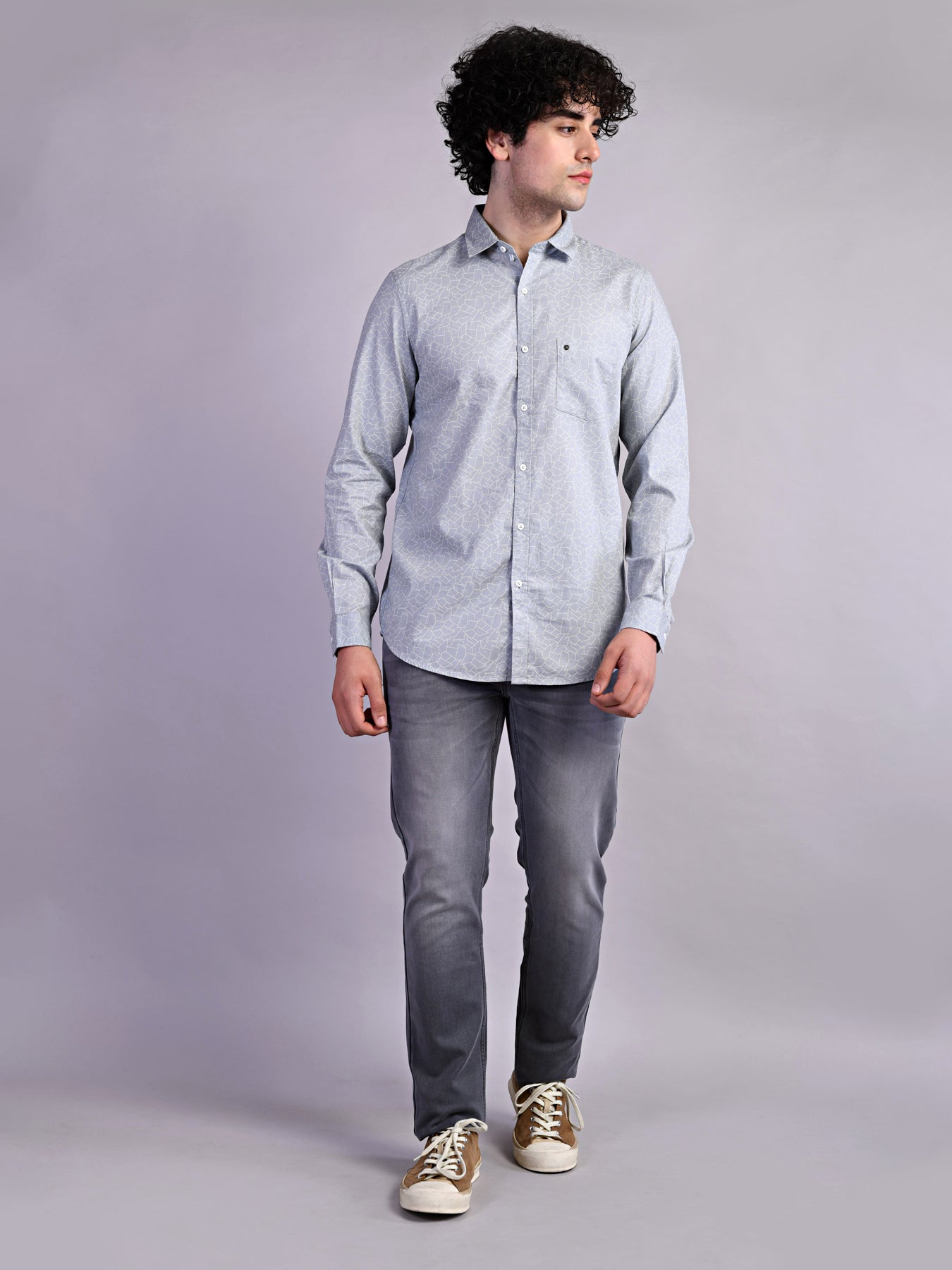 100% Cotton Grey Printed Slim Fit Full Sleeve Casual Shirt