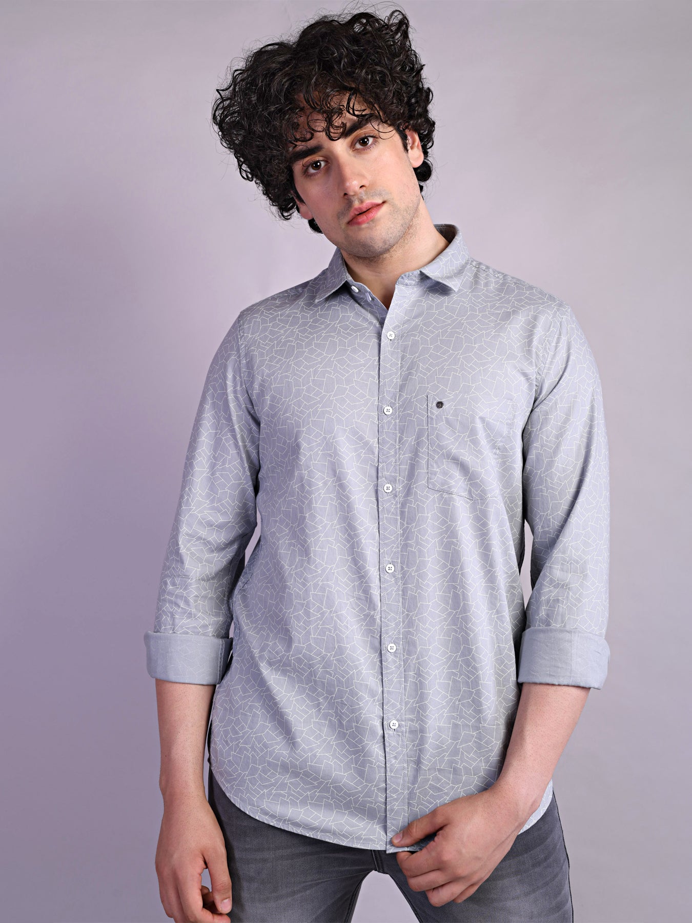 100% Cotton Grey Printed Slim Fit Full Sleeve Casual Shirt