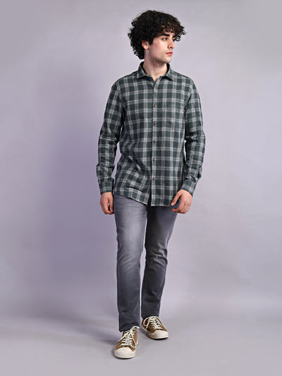 100% Cotton Olive Green Checkered Slim Fit Full Sleeve Casual Shirt