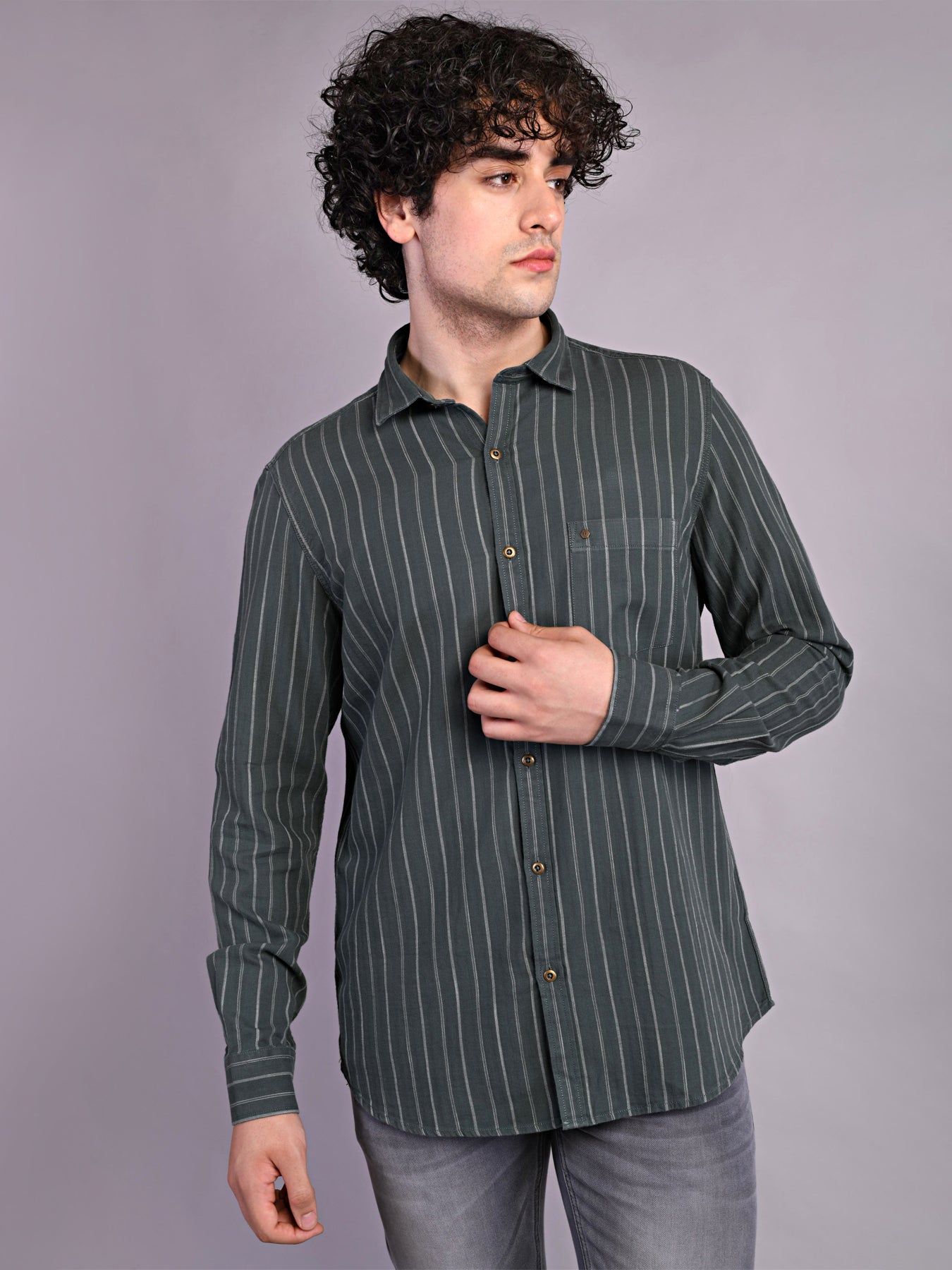 100% Cotton Olive Green Striped Slim Fit Full Sleeve Casual Shirt