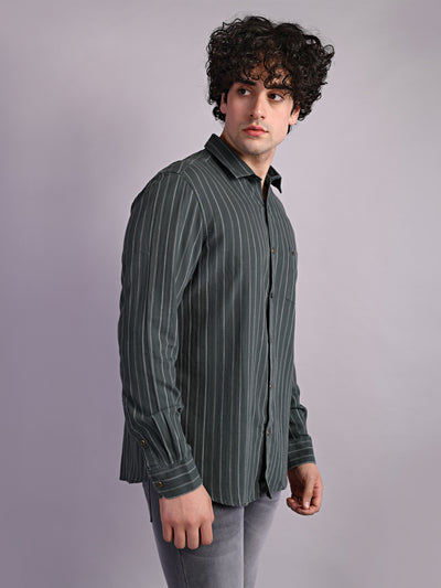 100% Cotton Olive Green Striped Slim Fit Full Sleeve Casual Shirt