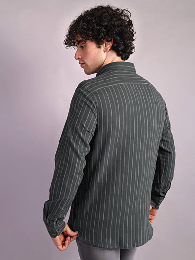 100% Cotton Olive Green Striped Slim Fit Full Sleeve Casual Shirt