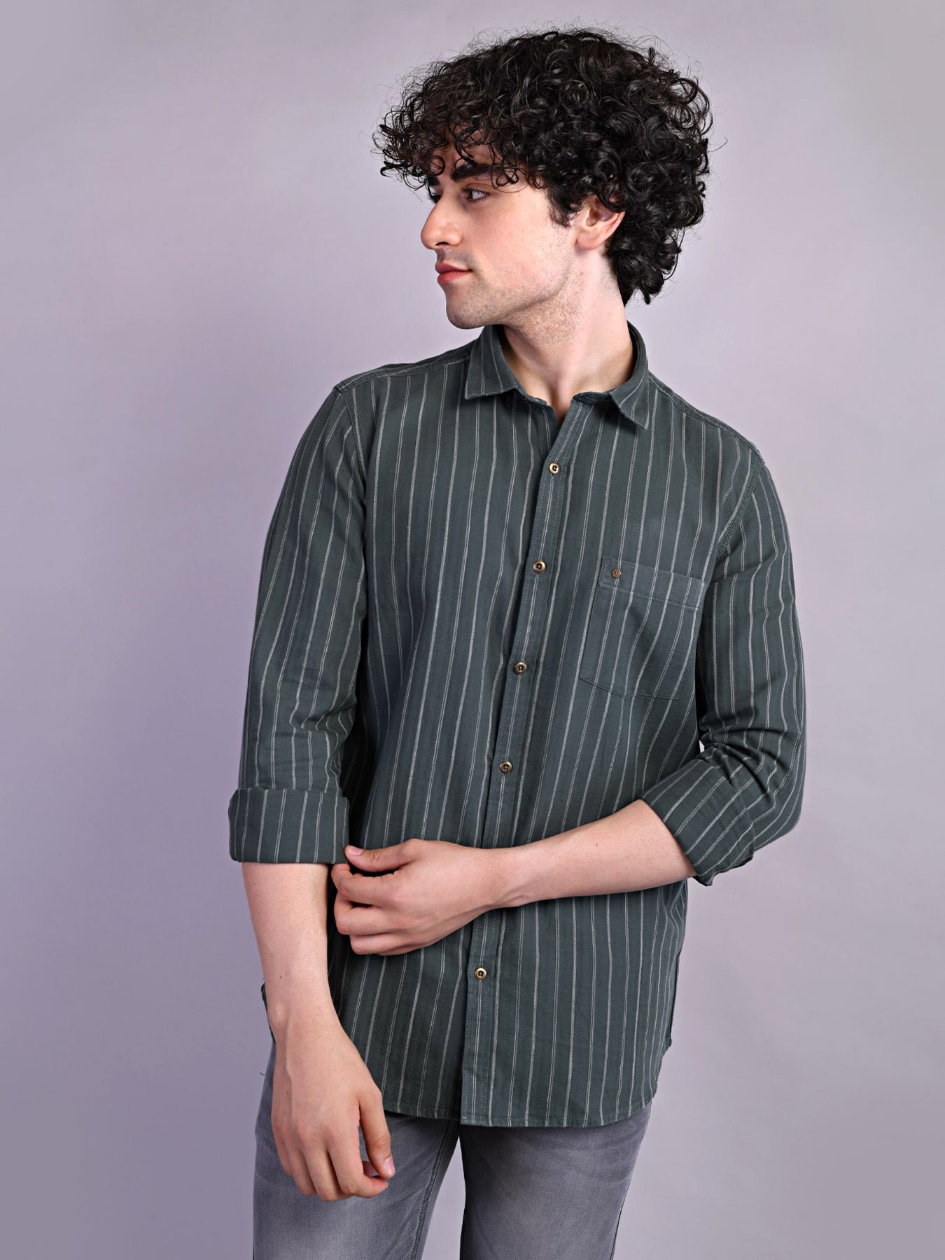 100% Cotton Olive Green Striped Slim Fit Full Sleeve Casual Shirt