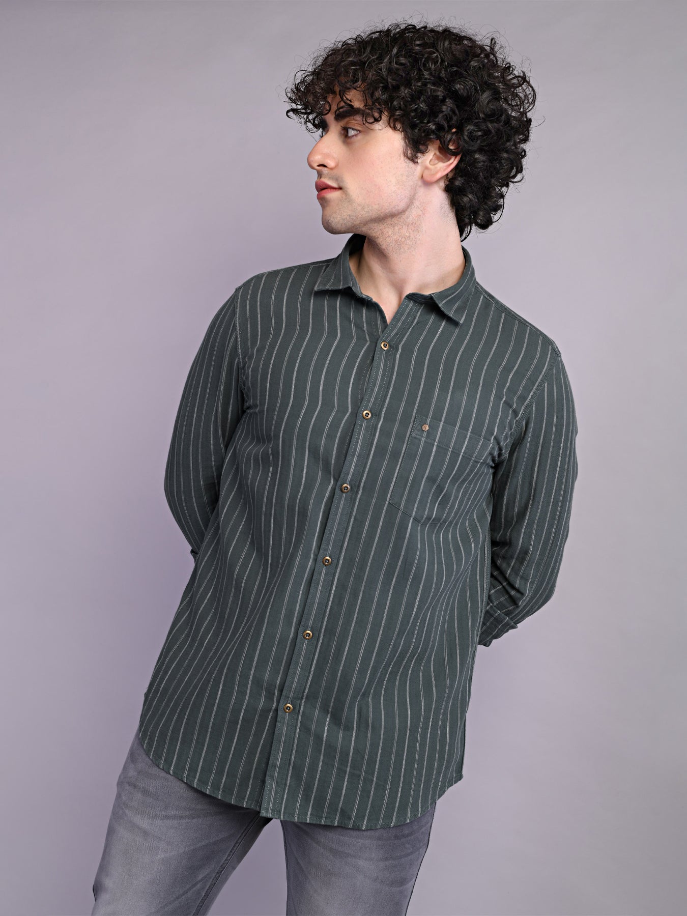 100% Cotton Olive Green Striped Slim Fit Full Sleeve Casual Shirt