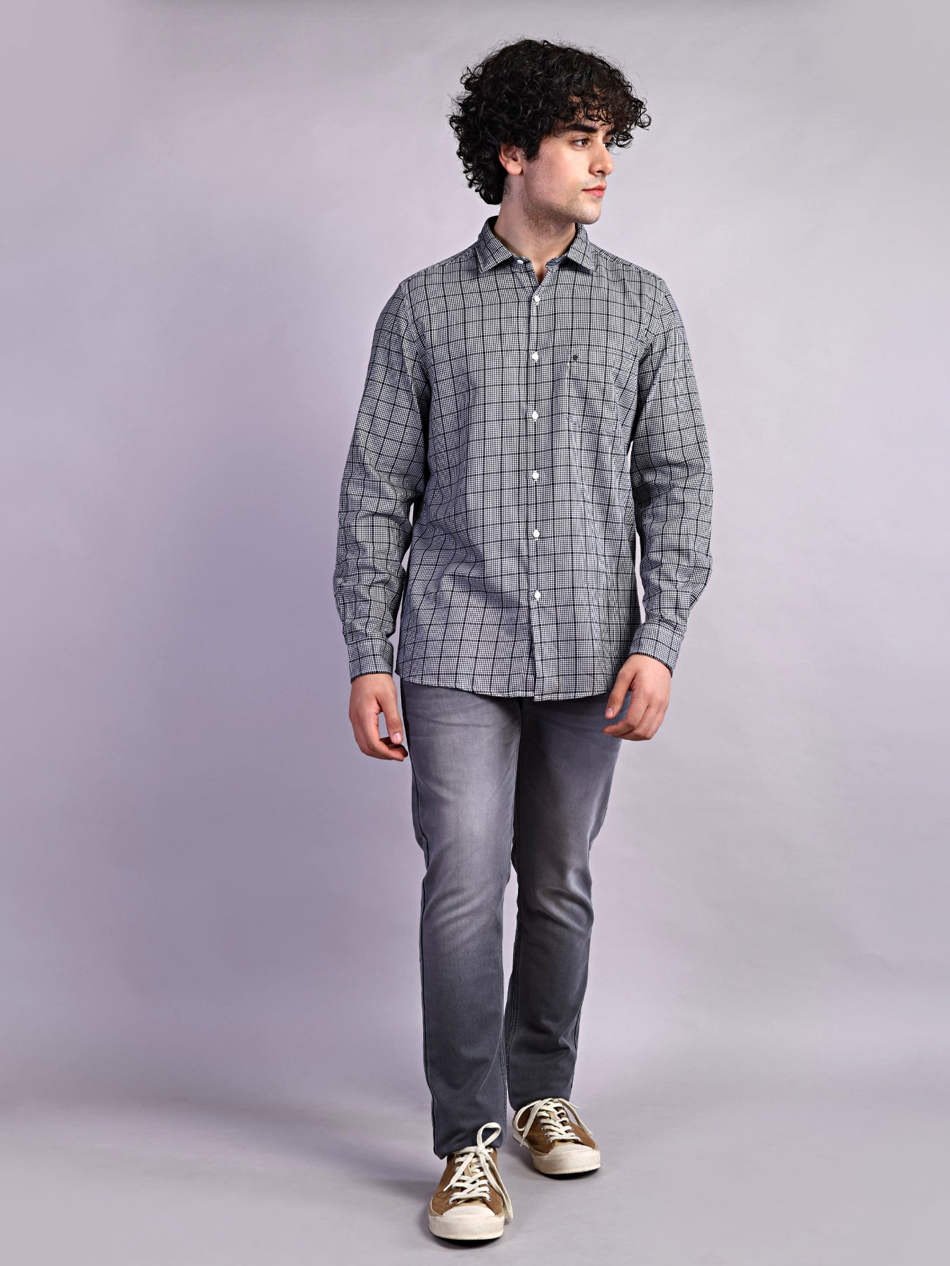 100% Cotton Grey Checkered Slim Fit Full Sleeve Casual Shirt