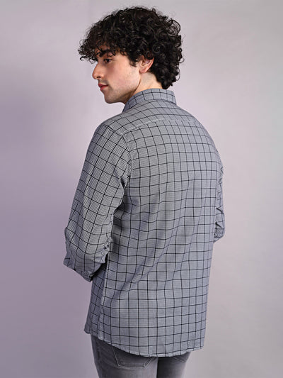 100% Cotton Grey Checkered Slim Fit Full Sleeve Casual Shirt