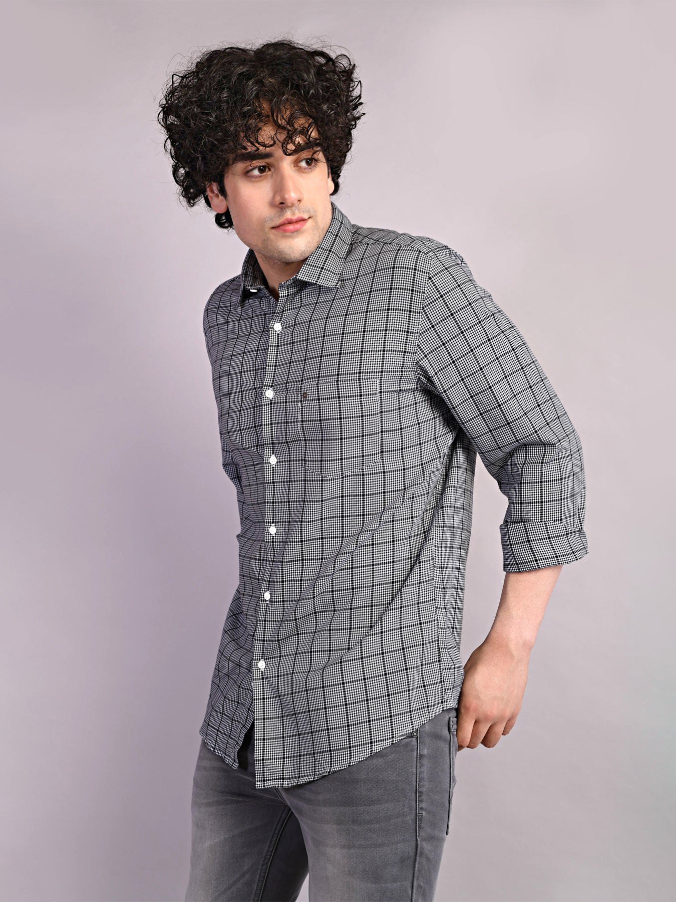 100% Cotton Grey Checkered Slim Fit Full Sleeve Casual Shirt