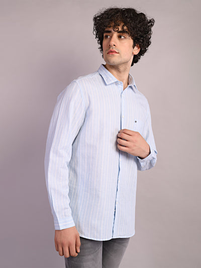 Cotton Linen Sky Blue Striped Slim Fit Full Sleeve Casual Shirt