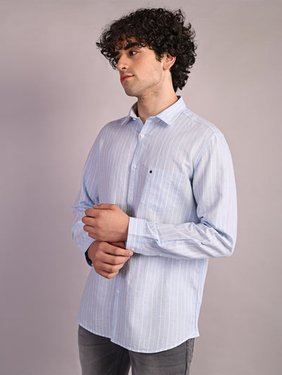 Cotton Linen Sky Blue Striped Slim Fit Full Sleeve Casual Shirt