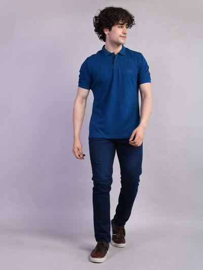 Cotton Stretch Blue Plain Polo Neck Half Sleeve Casual T-Shirt