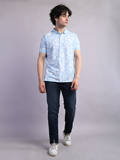 Cotton Stretch Sky Blue Printed Polo Neck Half Sleeve Casual T-Shirt