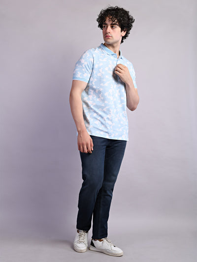 Cotton Stretch Sky Blue Printed Polo Neck Half Sleeve Casual T-Shirt