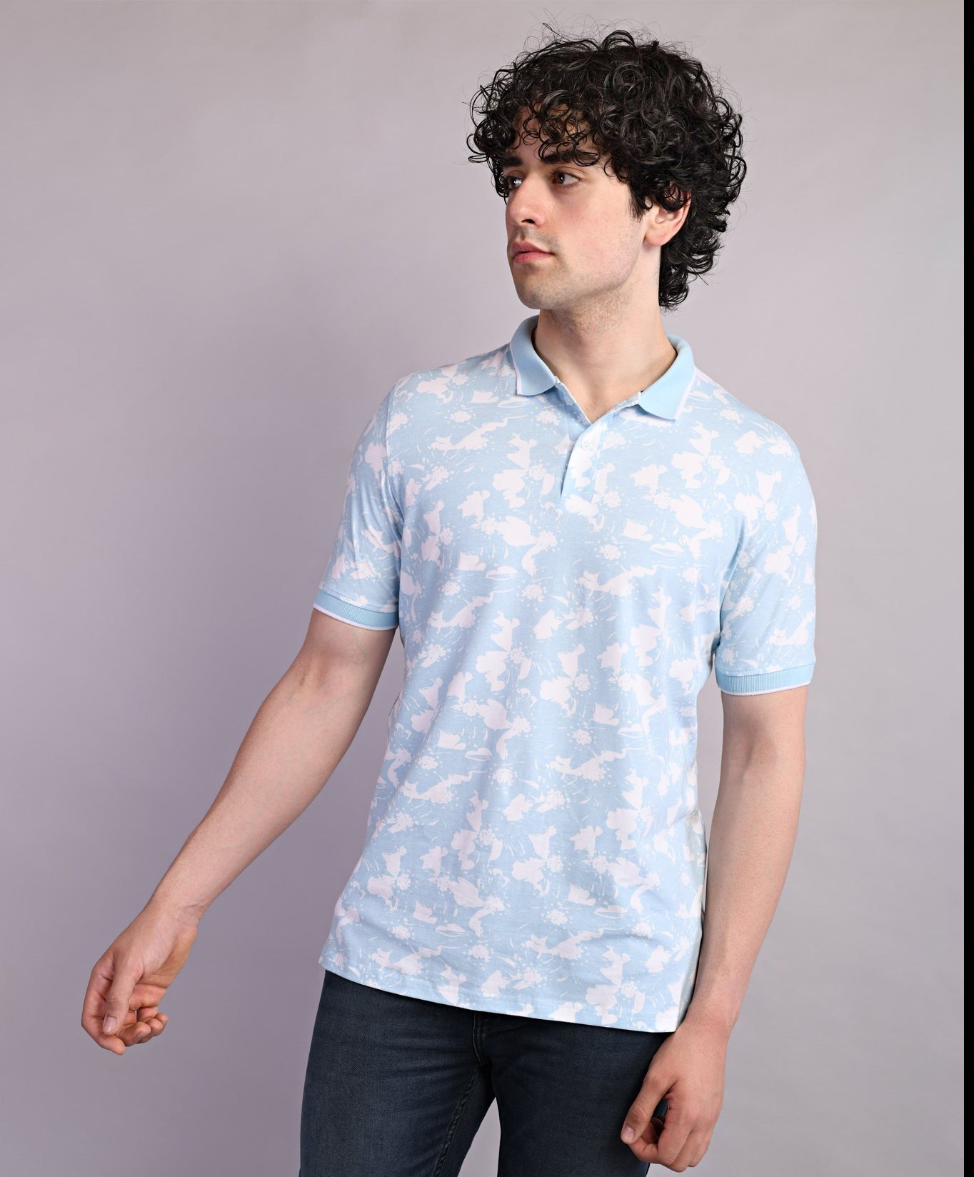 Cotton Stretch Sky Blue Printed Polo Neck Half Sleeve Casual T-Shirt