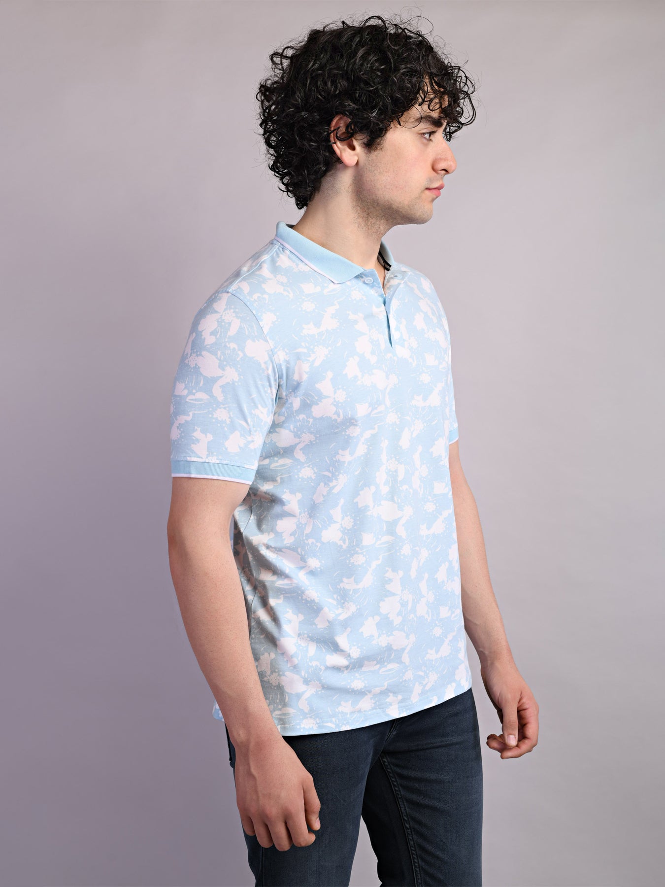 Cotton Stretch Sky Blue Printed Polo Neck Half Sleeve Casual T-Shirt