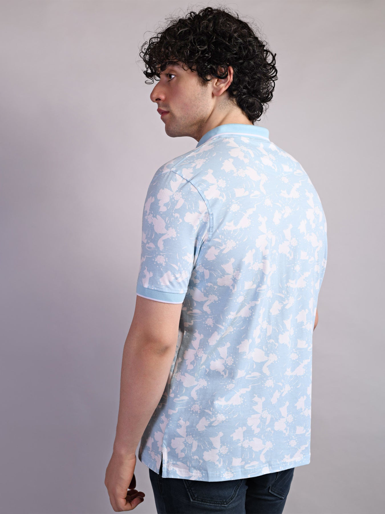 Cotton Stretch Sky Blue Printed Polo Neck Half Sleeve Casual T-Shirt