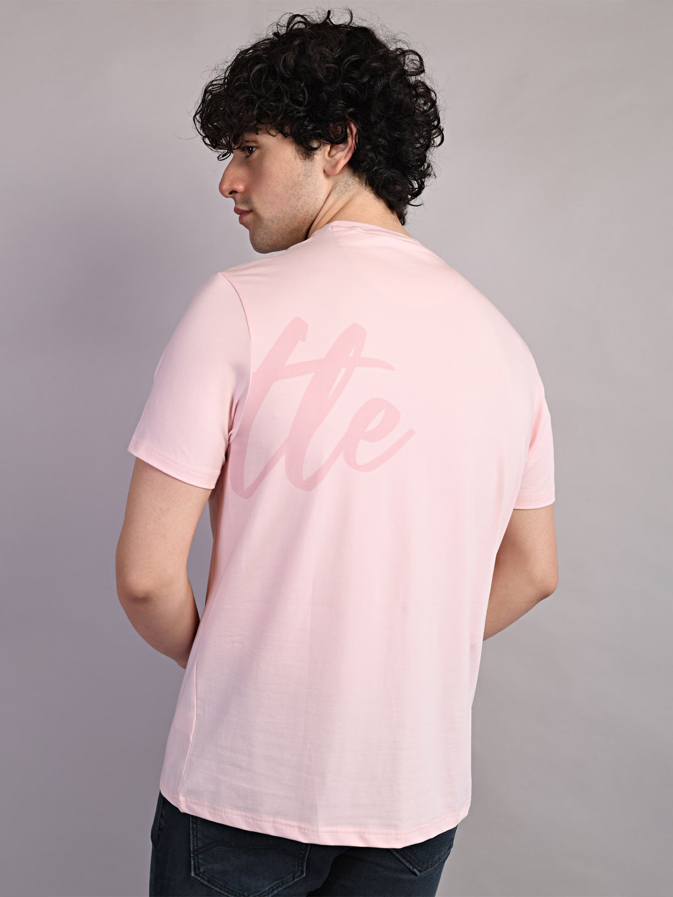 Cotton Stretch Baby Pink Printed Crew Neck Half Sleeve Casual T-Shirt