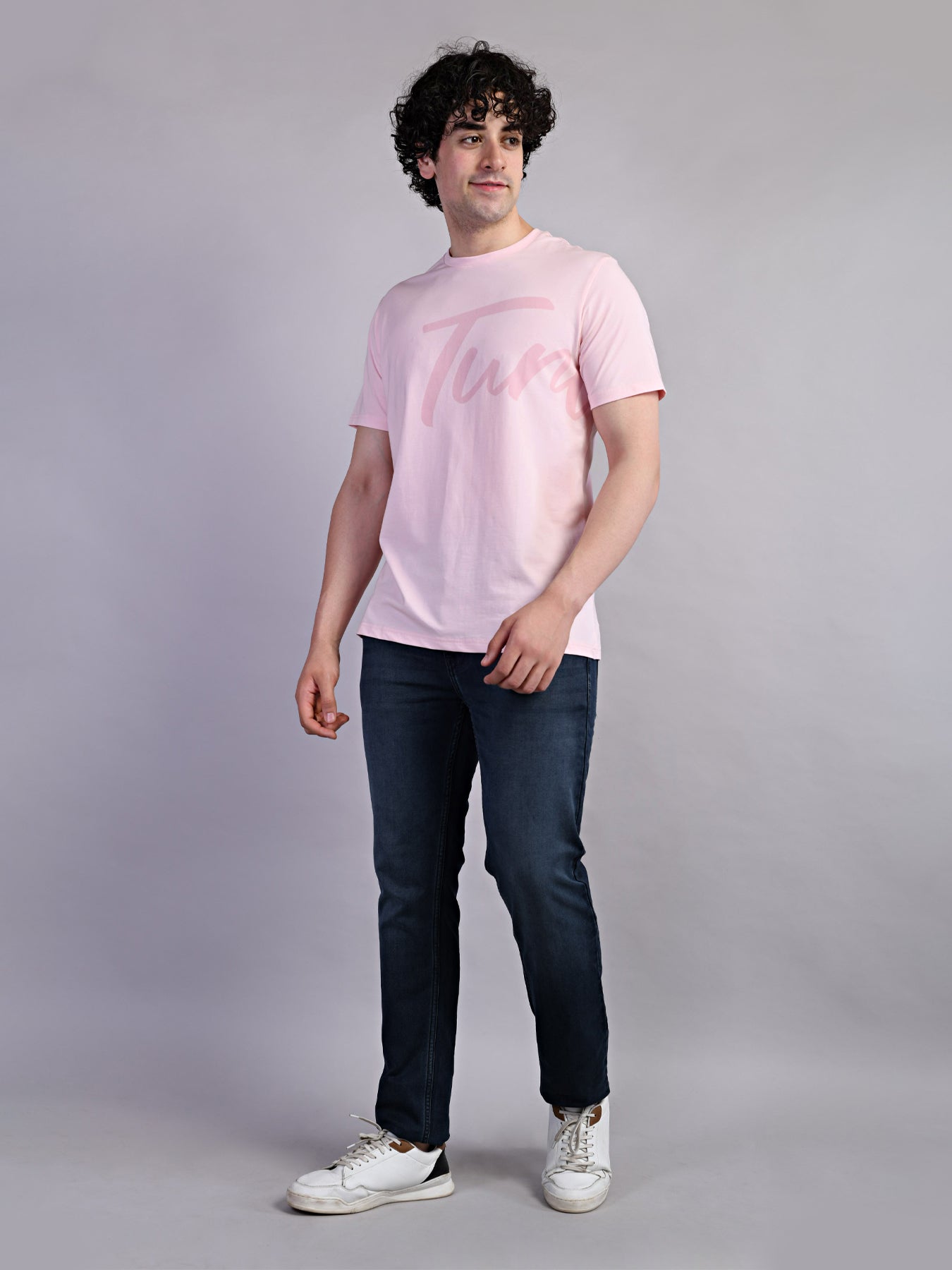 Cotton Stretch Baby Pink Printed Crew Neck Half Sleeve Casual T-Shirt