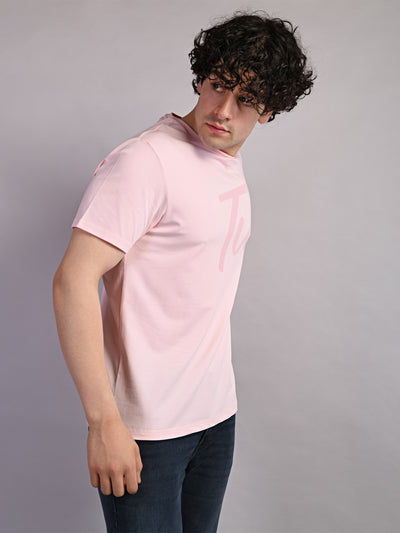 Cotton Stretch Baby Pink Printed Crew Neck Half Sleeve Casual T-Shirt