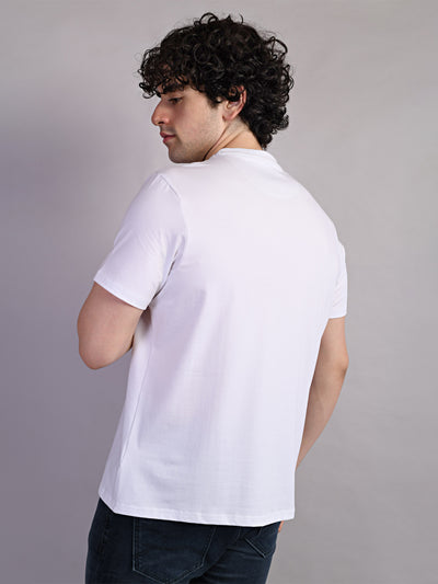 Cotton Stretch White Printed Crew Neck Half Sleeve Casual T-Shirt