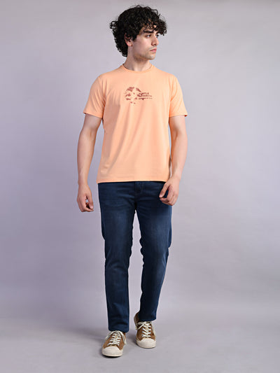 Cotton Stretch Peach Printed Crew Neck Half Sleeve Casual T-Shirt