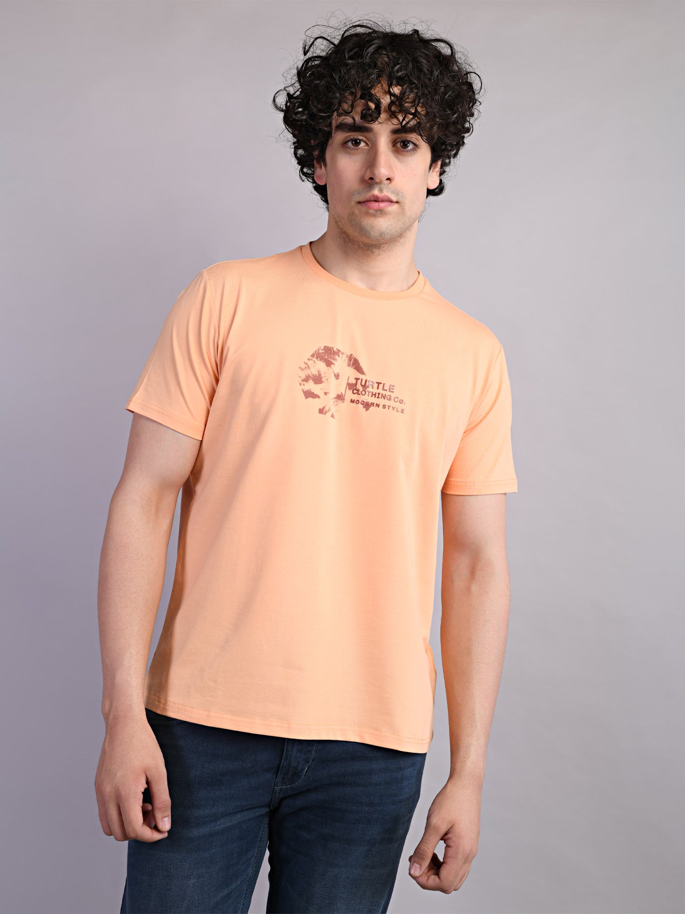 Cotton Stretch Peach Printed Crew Neck Half Sleeve Casual T-Shirt