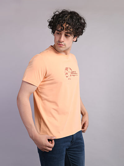 Cotton Stretch Peach Printed Crew Neck Half Sleeve Casual T-Shirt