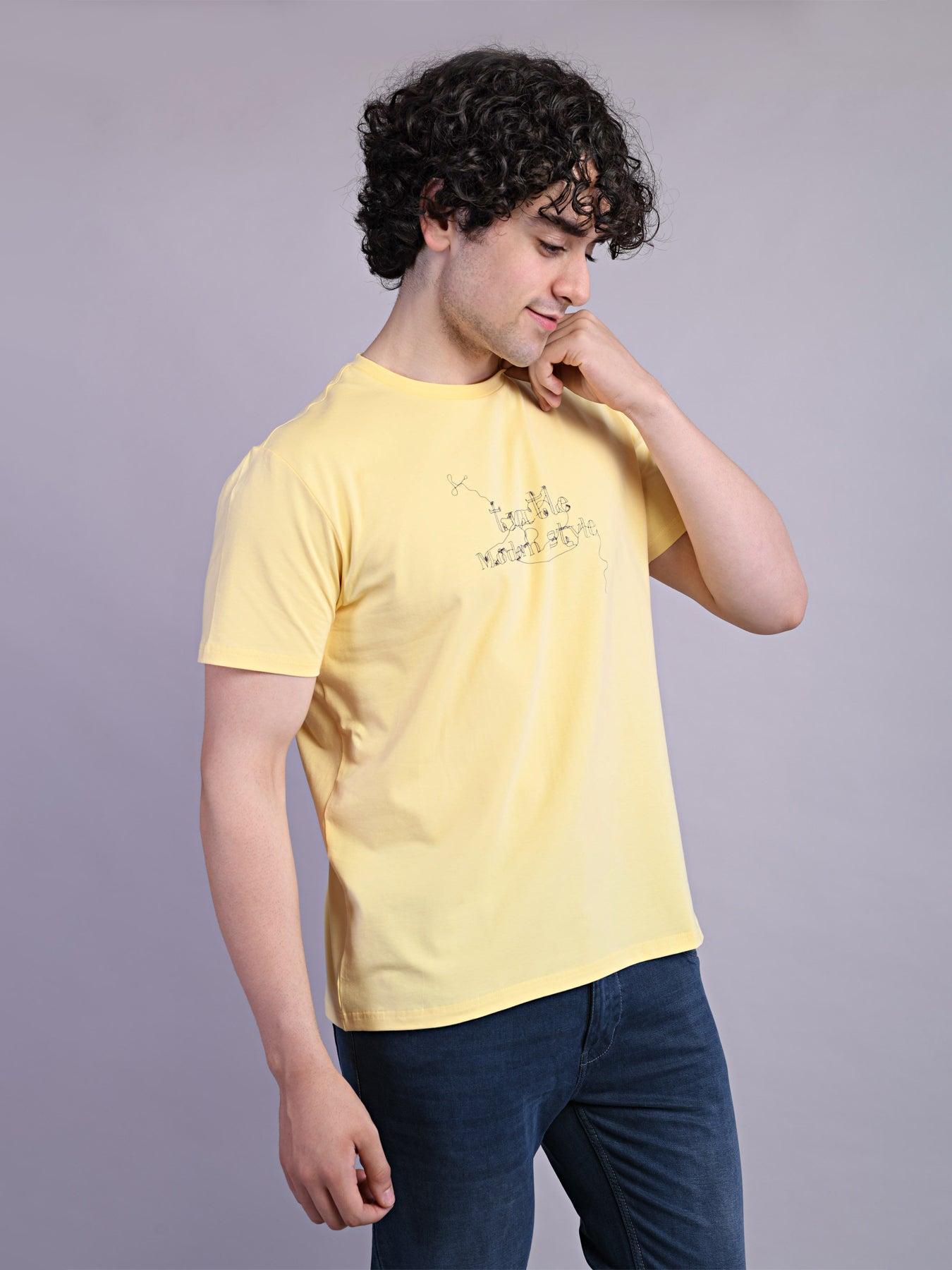 Cotton Stretch Yellow Printed Crew Neck Half Sleeve Casual T-Shirt