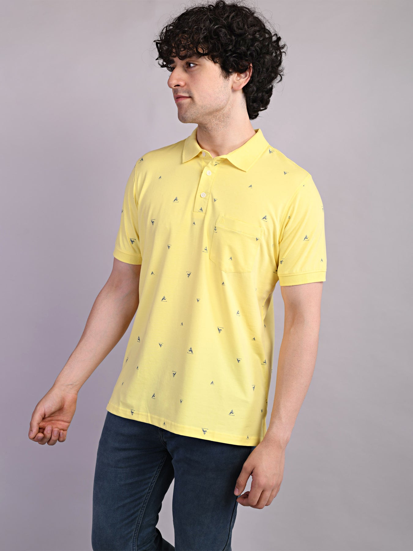 Cotton Yellow Printed Polo Neck Half Sleeve Casual T-Shirt