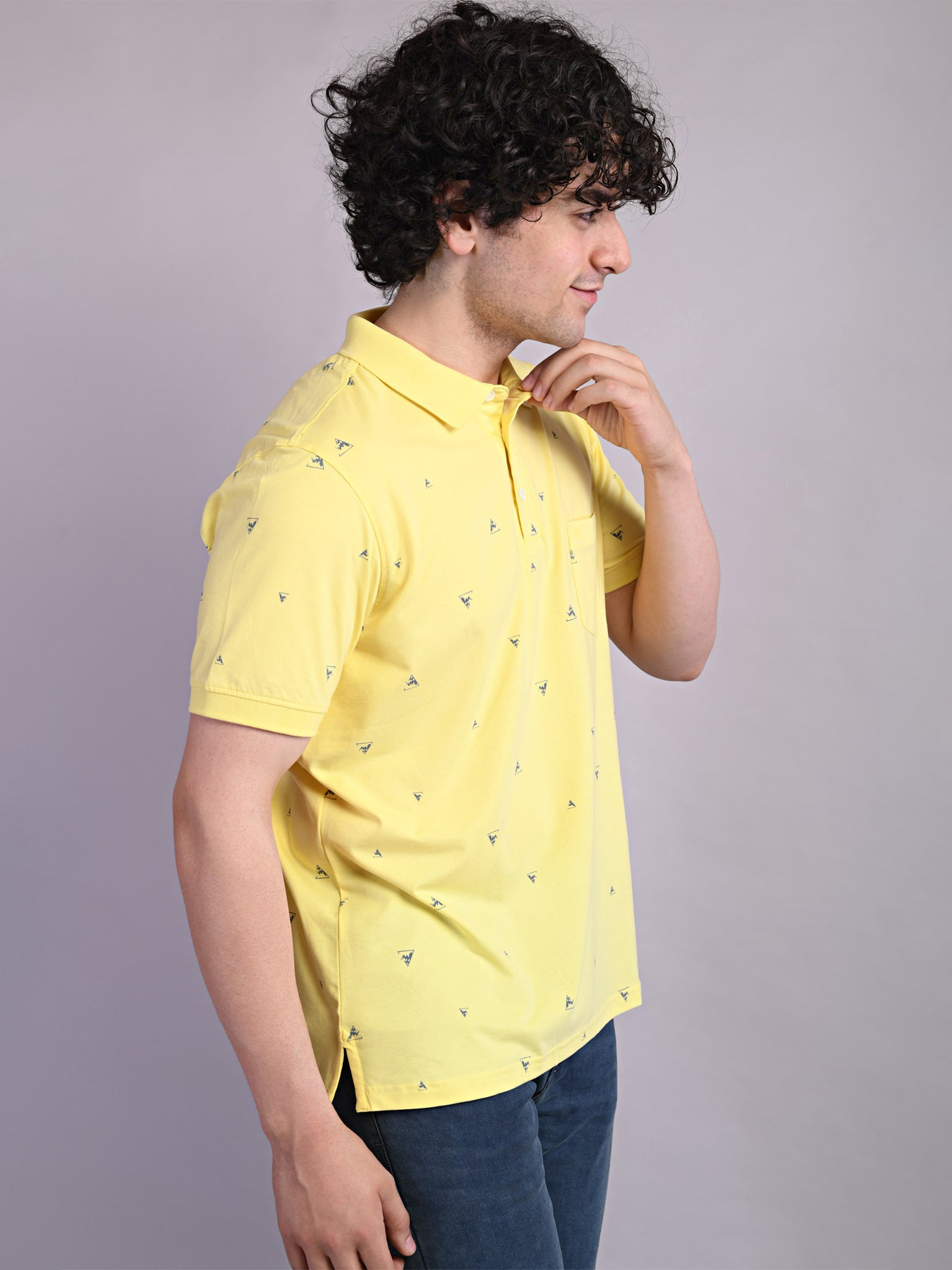 Cotton Yellow Printed Polo Neck Half Sleeve Casual T-Shirt