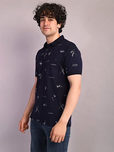 Cotton Navy Blue Printed Polo Neck Half Sleeve Casual T-Shirt