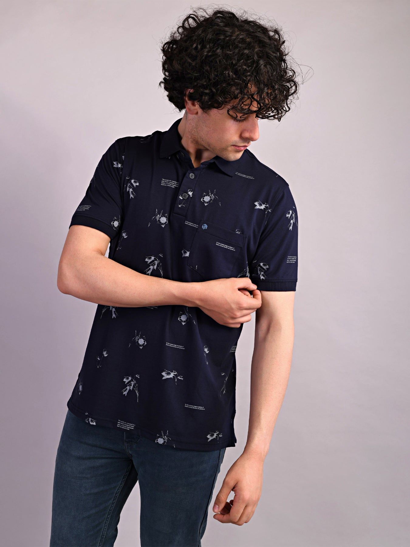 Cotton Navy Blue Printed Polo Neck Half Sleeve Casual T-Shirt