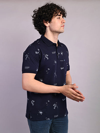 Cotton Navy Blue Printed Polo Neck Half Sleeve Casual T-Shirt