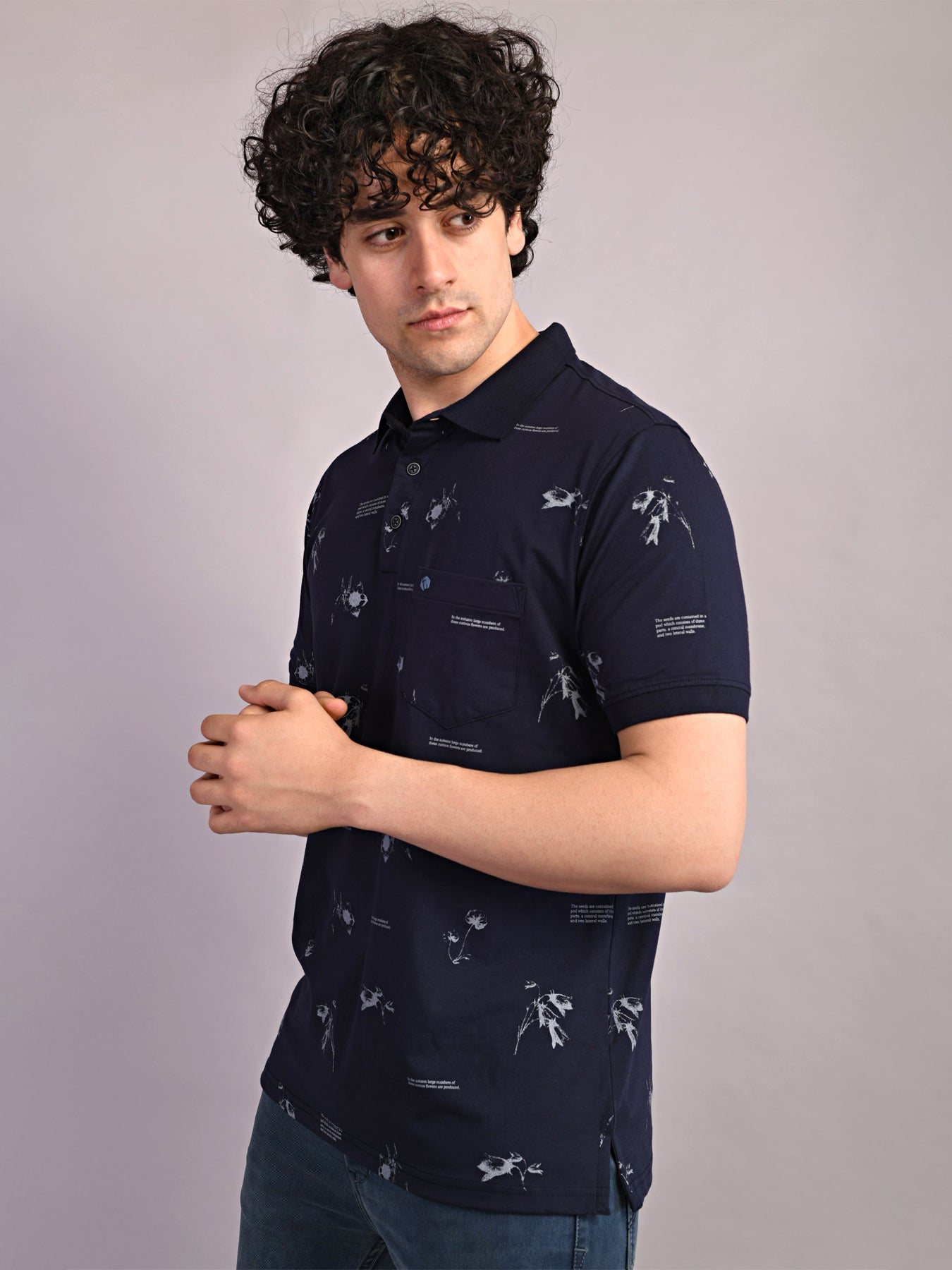 Cotton Navy Blue Printed Polo Neck Half Sleeve Casual T-Shirt