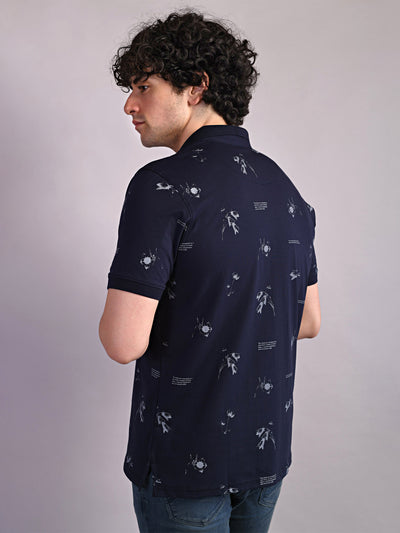 Cotton Navy Blue Printed Polo Neck Half Sleeve Casual T-Shirt