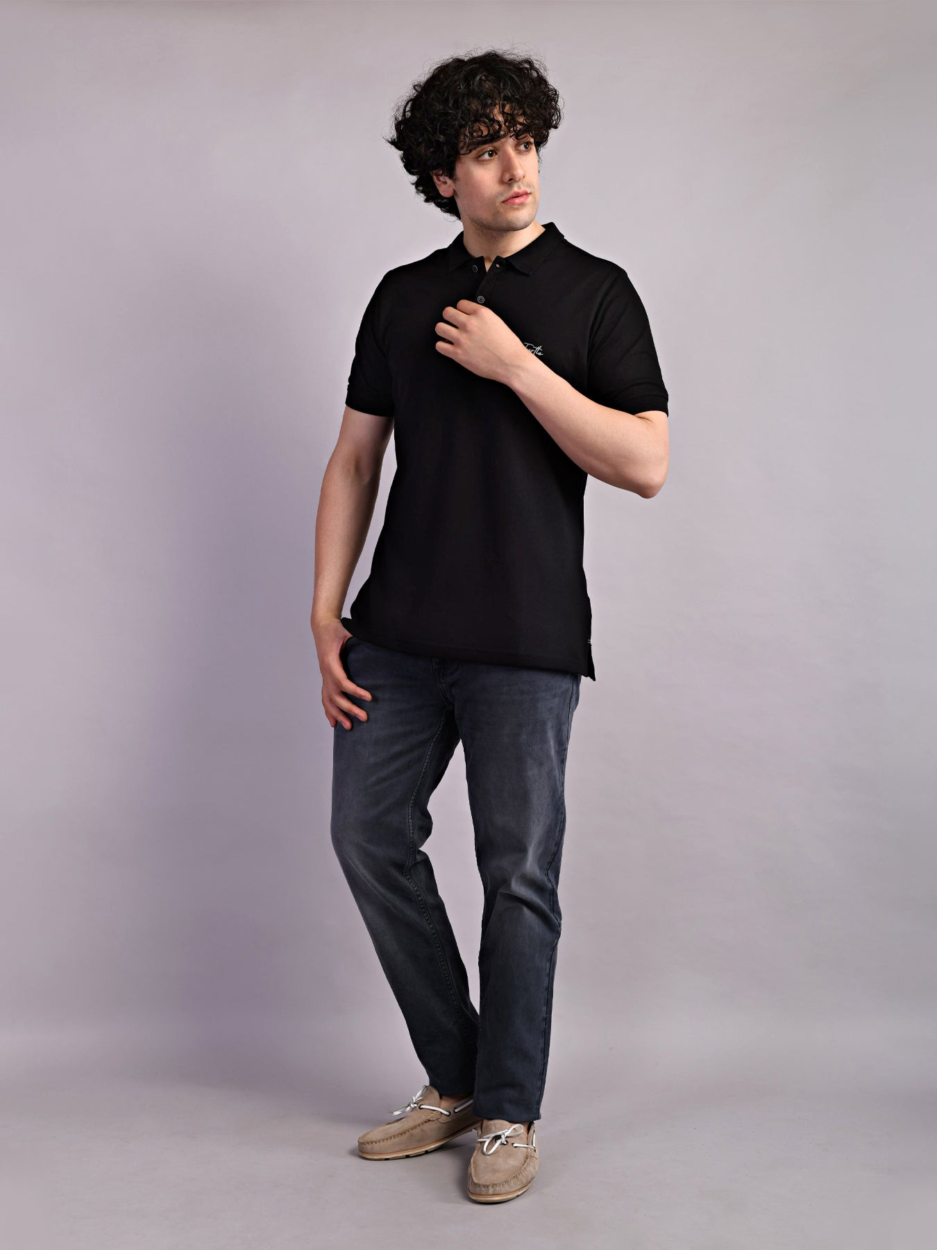 Cotton Stretch Black Plain Polo Neck Half Sleeve Casual T-Shirt