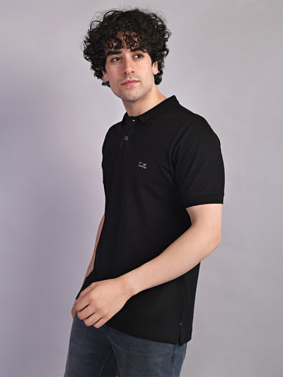 Cotton Stretch Black Plain Polo Neck Half Sleeve Casual T-Shirt