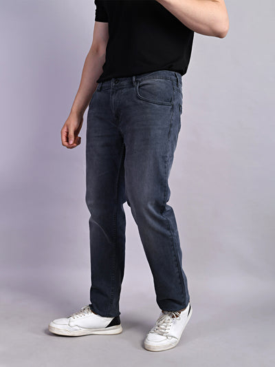 Cotton Stretch Grey Plain Narrow Fit Flat Front Casual Jeans