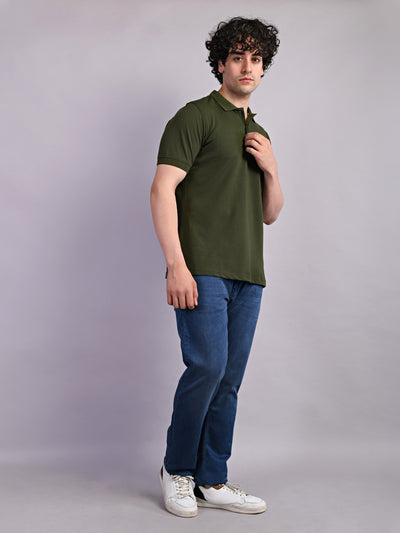 Cotton Stretch Army Green Plain Polo Neck Half Sleeve Casual T-Shirt