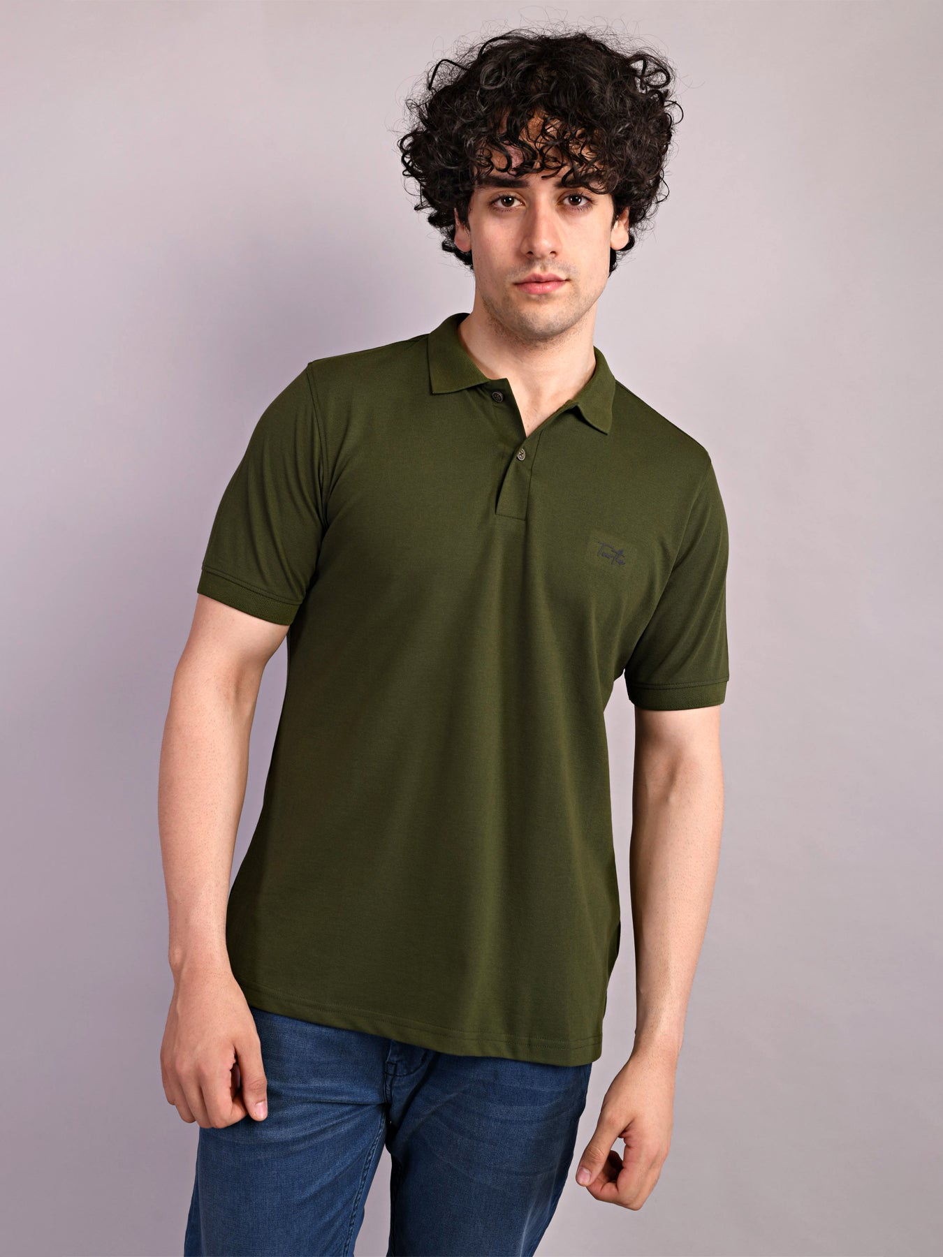 Cotton Stretch Army Green Plain Polo Neck Half Sleeve Casual T-Shirt