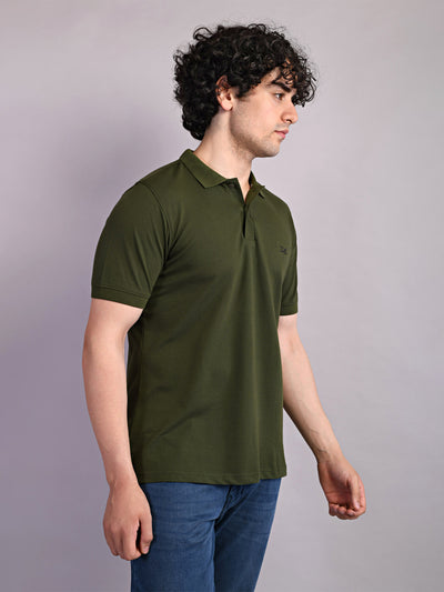 Cotton Stretch Army Green Plain Polo Neck Half Sleeve Casual T-Shirt