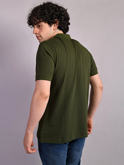 Cotton Stretch Army Green Plain Polo Neck Half Sleeve Casual T-Shirt