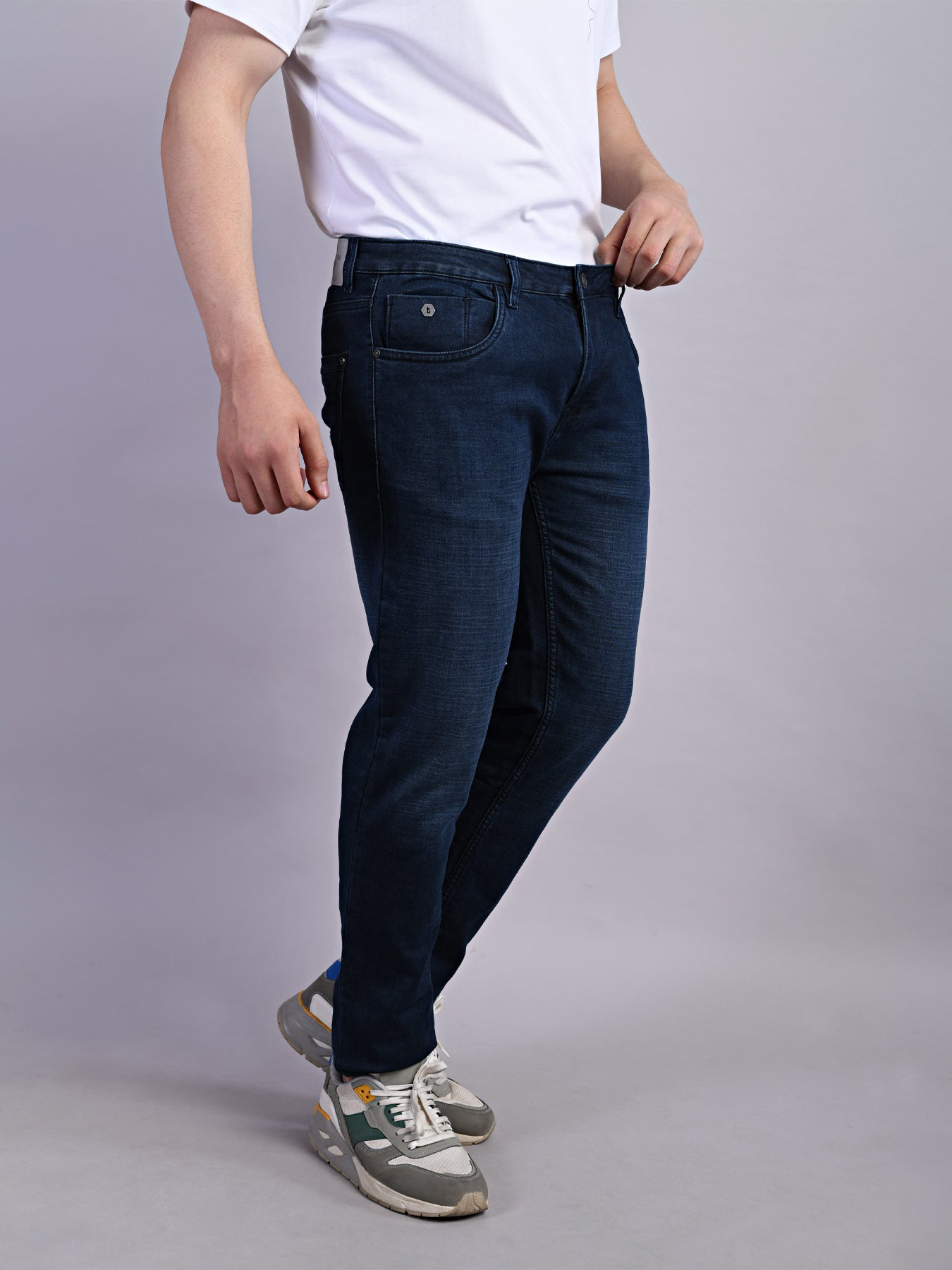 Cotton Stretch Indigo Plain Narrow Fit Flat Front Casual Jeans