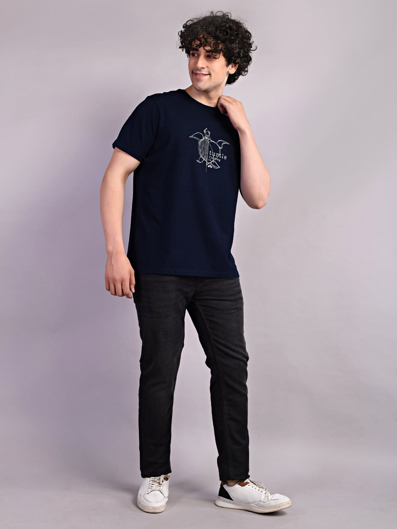 Cotton Stretch Navy Blue Printed Crew Neck Half Sleeve Casual T-Shirt