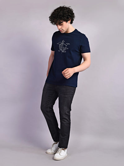 Cotton Stretch Navy Blue Printed Crew Neck Half Sleeve Casual T-Shirt